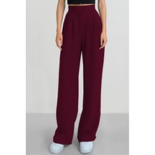 Alinda Kadın Cırtlı Yüksek Bel Bol Paça Palazzo Pantolon Düz Desenli Orta Kalınlık Kumaş