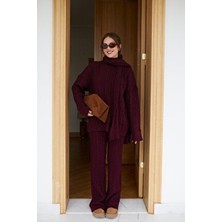 Askı Nişantaşı Aurane Bordo Atkılı Saç Örgülü Triko Pantolon Takım