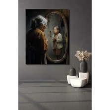 Teona Ahşap Yağlı Boya Görünümlü Ahşap Tablo Yaşlı Kadın ve Çocuk Aynada Yüzleşme Modern Sanat Dikdörtgen Tablo