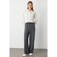 Mizalle Geniş Paça Beli Lastikli Gri Triko Jogger Pantolon