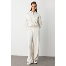 Mizalle Geniş Paça Beli Lastikli Ekru Triko Jogger Pantolon