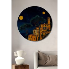 Teona Ahşap Ayışığı Altında Italyan Köyü Yağlı Boya Görünümlü Ahşap Dekoratif Tablo Yuvarlak Tablo