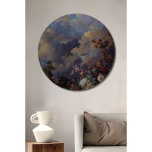 Teona Ahşap Gökyüzü Çiçekleri Yağlı Boya Görünümlü Dekoratif Ahşap Tablo Yuvarlak Tablo