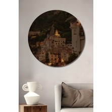 Teona Ahşap Amalfi Sahili Yağlı Boya Görünümlü Ahşap Dekoratif Tablo Yuvarlak Tablo