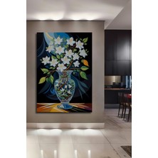 Teona Ahşap Beyaz Çiçekler Vazolu Yağlı Boya Görünümlü Ahşap Dekoratif Tablo Dikdörtgen Tablo