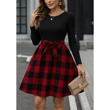 Moderie Butik Kadın Uzun Kollu Bisiklet Yaka Üst Viskon Alt Ekose Kısa Elbise