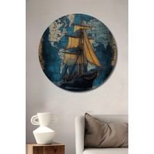 Teona Ahşap Büyük Yelkenli Gemi Dünya Haritası Üzerinde Eski Tarihsel Yağlı Boya Görünümlü Ahşap Tablo