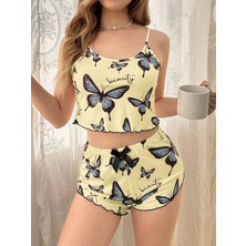 Bamido Kadın Sarı Kelebek Desenli Askılı Şortlu Ribana Pijama Takımı,rahat ve Şık Ev Giyim,kadın Pijama