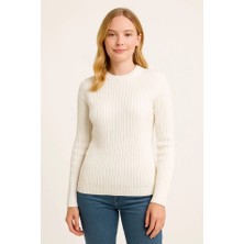 Defy Moda Bisiklet Yuvarlak Yaka Triko Kazak Pamuklu Kalın Fitilli Dokuma, Regular Fit Uzun Kollu Kışlık Model - Beyaz