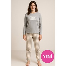 Dofi Kadın 1770 Uzun Kollu Ekose Desenli Boru Paça Pijama Takımı – Gri Baskılı