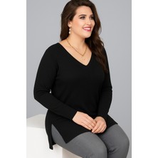 Curvy Trend Büyük Beden V Yaka Uzun Kol Yan Yırtmaçlı Bluz