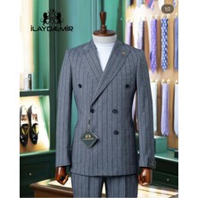İlayda Emir Kırlangıç Yaka, Slim Fit, Kruvaze, Torba Cepli, Çizgili Erkek Takım Elbise,ankrasit Gri