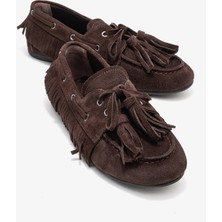 Luvi Fenora Kahverengi Süet Saçaklı Püsküllü Kadın Loafer Ayakkabı