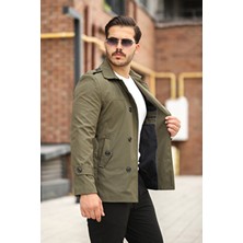 Mero Life Erkek Haki Mevsimlik Astarlı Kemerli Kruvaze Trençkot