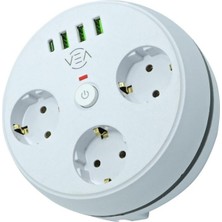 Vea Akım Korumalı Priz Yuvarlak 3\'lü 1,5mt Kablolu 3 Usb\'li + Type C