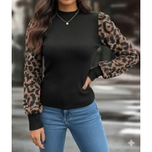 Arben Boutique Kadın Uzun Kollu Yarı Balıkçı Yaka Leopar Detaylı Kaşkorse Bluz