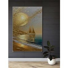 Teona Ahşap Altın Işıltılı Denizde Yelkenci Yağlı Boya Görünümlü Dekoratif Ahşap Tablo Dikdörtgen Tablo
