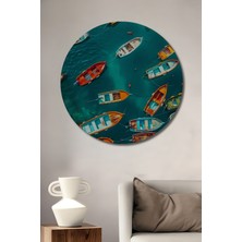 Teona Ahşap Denizdeki Renkli Tekneler Yağlı Boya Görünümlü Ahşap Dekoratif Tablo Yuvarlak Tablo