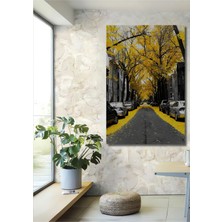 Teona Ahşap Sarı Yapraklı Sokak Yağlı Boya Görünümlü Ahşap Dekoratif Tablo Dikdörtgen Tablo