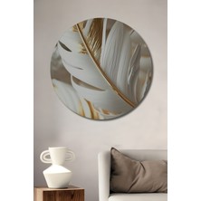 Teona Ahşap Altın Beyaz Tüy Desenli Modern Sanat Yağlı Boya Görünümlü Dekoratif Ahşap Tablo Yuvarlak Tablo