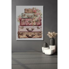 Teona Ahşap Retro Çiçek Desenli Valiz Yığınları Sulu Boya Görünümlü Dekoratif Ahşap Tablo Dikdörtgen Tablo