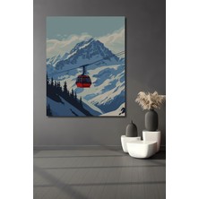 Teona Ahşap Kırmızı Teleferik ve Kış Manzarası Modern Sanat Sulu Boya Görünümlü Ahşap Tablo Dikdörtgen Tablo