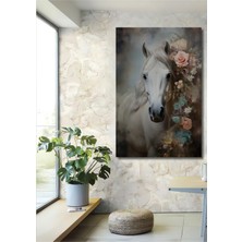 Teona Ahşap Bej Çiçekli Beyaz At Yağlı Boya Görünümlü Dekoratif Ahşap Tablo Dikdörtgen Tablo