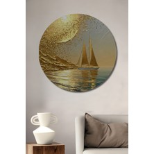 Teona Ahşap Altın Işıltılı Denizde Yelkenci Yağlı Boya Görünümlü Dekoratif Ahşap Tablo Yuvarlak Tablo