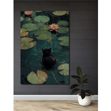 Teona Ahşap Kedi ve Nilüferler Yağlı Boya Görünümlü Ahşap Dekoratif Tablo Dikdörtgen Tablo