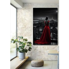 Teona Ahşap Kırmızı Elbiseli Kadın Gece Manzarası Yağlı Boya Görünümlü Ahşap Dekoratif Tablo Dikdörtgen Tablo