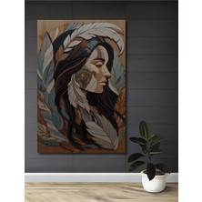 Teona Ahşap Bohem Ruhu Tüy Kadın Yağlı Boya Görünümlü Ahşap Dekoratif Tablo Dikdörtgen Tablo