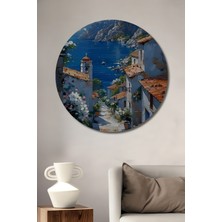 Teona Ahşap Masalsı Akdeniz Sahili Yağlı Boya Görünümlü Ahşap Dekoratif Tablo Yuvarlak Tablo