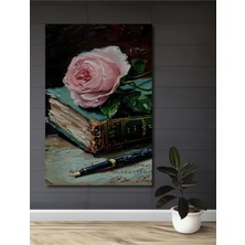 Teona Ahşap Pembe Gül ve Eski Kitap Yağlı Boya Görünümlü Ahşap Dekoratif Tablo Dikdörtgen Tablo