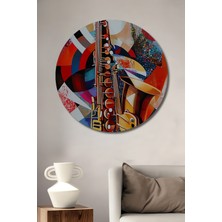 Teona Ahşap Altın Renkli Saksofon Yağlı Boya Görünümlü Soyut Sanat Ahşap Dekoratif Tablo Yuvarlak Tablo