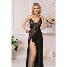 Modellife İp Askılı Dantel Detaylı Yırtmaçlı Kadın Uzun Tül Seksi Gecelik, Fantazi Tül Takım 1545