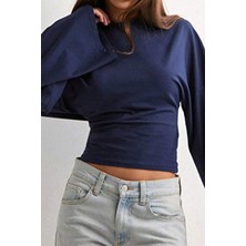 Tarz Cool Kadın Uzun Kollu Bluz Pamuk Kumaşla Bisiklet Yaka Dar Kalıp Günlük Stil