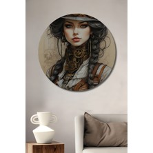 Teona Ahşap Steampunk Tarzı Kadın Portresi Ahşap Dekoratif Tablo Yuvarlak Tablo