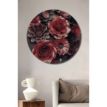 Teona Ahşap Koyu Kırmızı Gül Çiçek Buketi Yağlı Boya Görünümlü Ahşap Dekoratif Tablo Yuvarlak Tablo