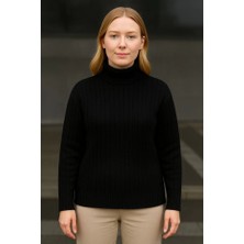 Giyimodam Balıkcı Yaka Bağazlı Triko Kazak Pamuklu Kalın Fitilli Dokuma - Siyah