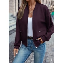 Sosostyle Kadın Uzun Kollu Önden Fermuarlı Cepli Modal Mürdüm Ceket