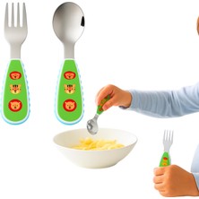 Perlotus 12 cm Çocuk Bebek Kaşık Çatal Seti Paslanmaz Çelik Hayvan Desenli