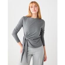 Jimmy Key Antrasit Yuvarlak Yaka Beli Bağcık Detaylı Örme Bluz