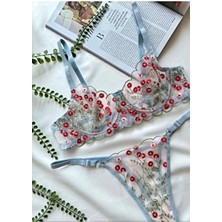 Rozenin Lingerie Romantik Mavi Çiçekli Kapsız Bralet Tanga Set