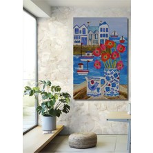 Teona Ahşap Balkon Manzaralı Çiçekli Evler ve Tekneler Sulu Boya Görünümlü Ahşap Tablo Dikdörtgen Tablo