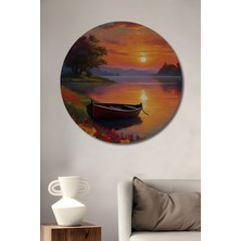 Teona Ahşap Gün Batımı Tekne Manzarası Yağlı Boya Görünümlü Ahşap Tablo Yuvarlak Tablo