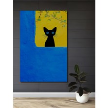 Teona Ahşap Gızemlı Kara Kedi Mavi Pencere Yağlı Boya Görünümlü Ahşap Dekoratif Tablo Dikdörtgen Tablo