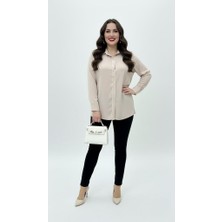Moda Xlarge Kadın Büyük Beden Bej Uzun Kollu Dökümlü Kumaş Gömlek Klasik Stil Regular Kesim Detaylı