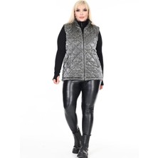 Seviliko Kadın Büyük Beden Kapitone Beli Lastikli Dik Yaka Çift Cepli Leopar Desenli Haki Şişme Yelek