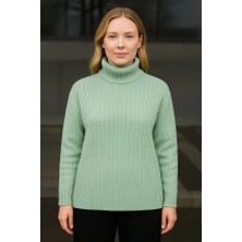 Equri Balıkcı Yaka Bağazlı Triko Kazak Pamuklu Kalın Fitilli Dokuma - Mint Yeşili