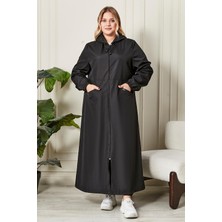 Derace Kadın Büyük Beden Siyah Tam Boy Trenç Hakim Yaka Nefes Alan Polyester Kumaş